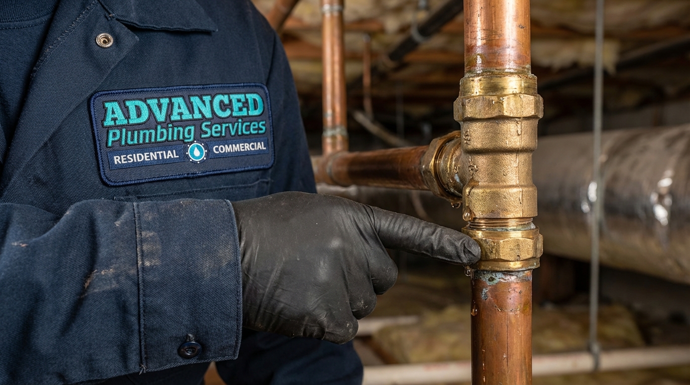 Professional plumber inspecting copper pipes