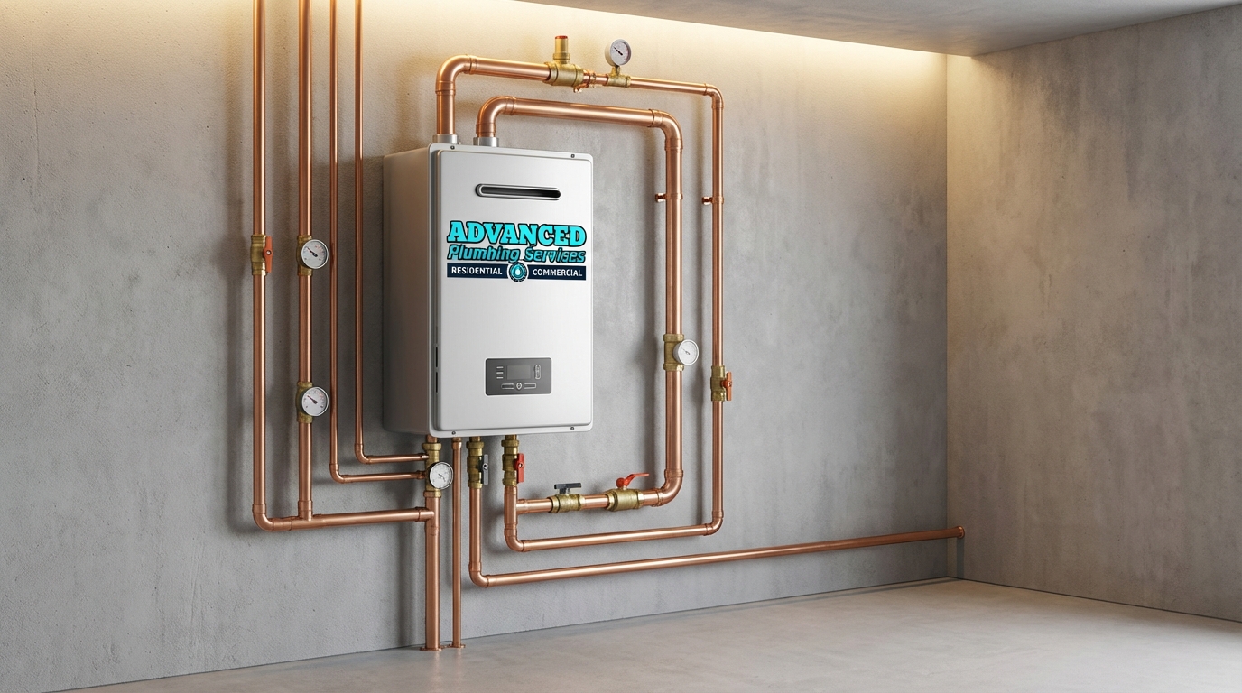Modern tankless water heater installation with copper piping