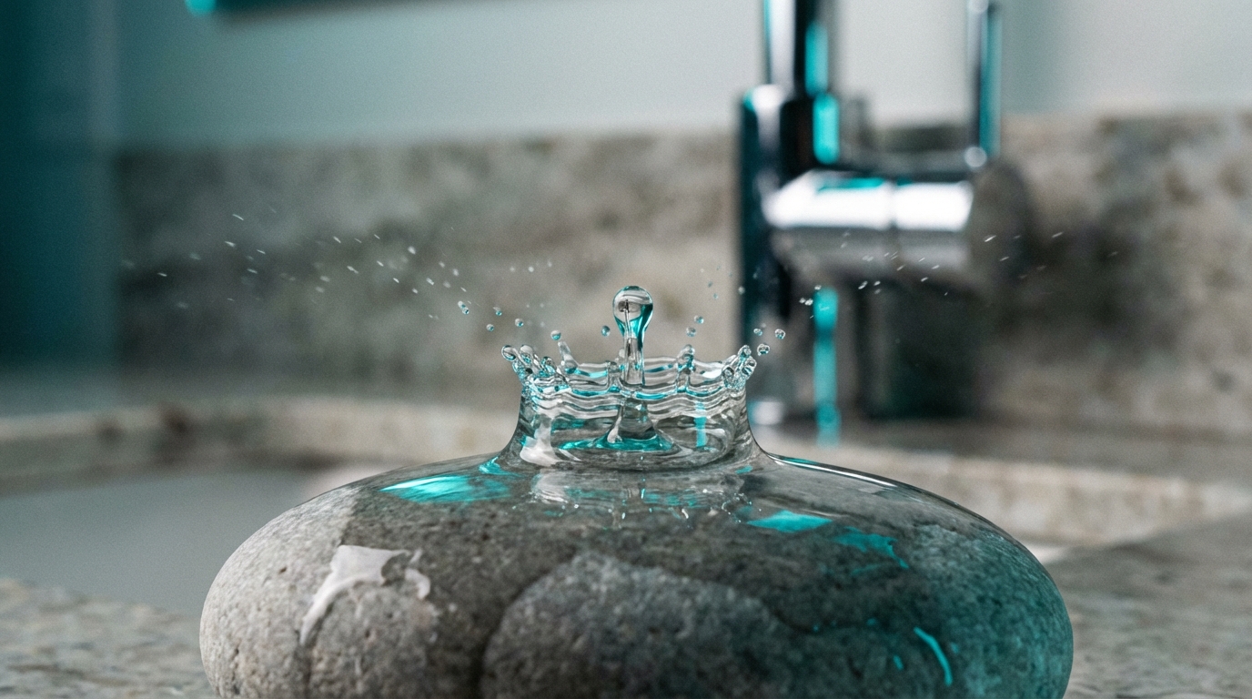 Water droplet on stone surface near faucet