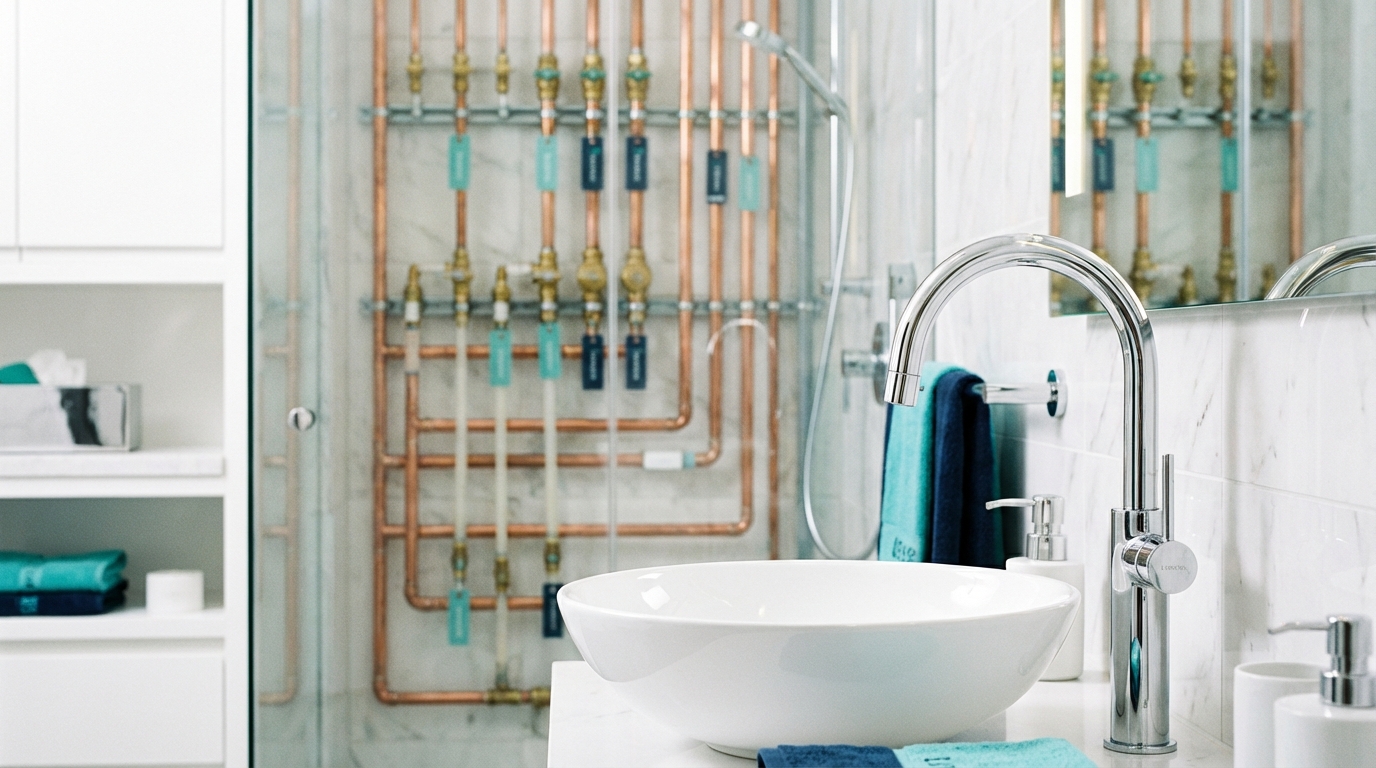 Modern bathroom with polished chrome faucets and copper piping